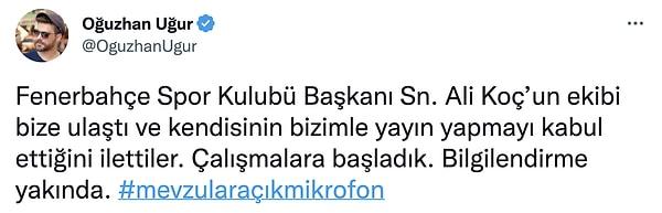 Oğuzhan Uğur da Fenerbahçe Başkanı Ali Koç'un tekliflerini kabul ettiklerini duyurdu.