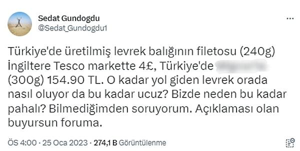 Sosyal medyada bir kullanıcı Türkiye'de üretilen levrek filetonun fiyatına yönelik İngiltere ve Türkiye karşılaştırması yaptı.