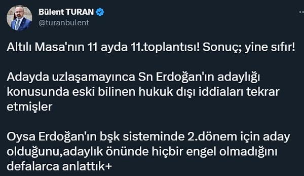 AK Parti Grup Başkanvekili Bülent Turan, sosyal medyadan yaptığı paylaşımda şunları kaydetti: