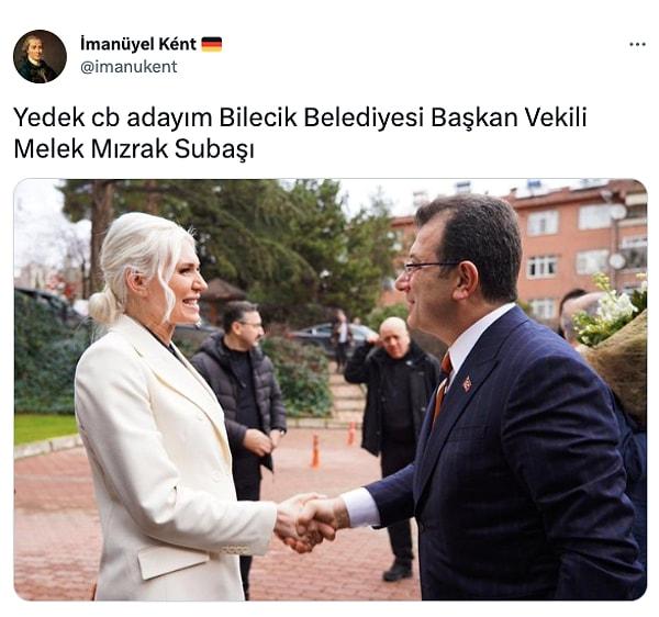 Twitter'da "@imanukent" adlı kullanıcı görseli paylaşarak "Yedek cb adayım Bilecik Belediyesi Başkan Vekili Melek Mızrak Subaşı" yazdı.