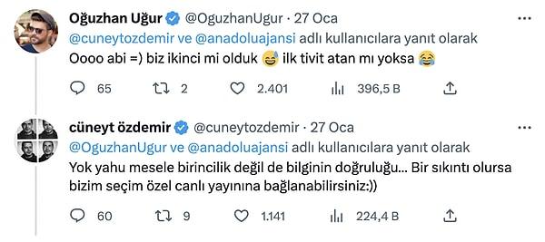 Ardından Cüneyt Özdemir ile Oğuzhan Uğur arasında şöyle bir diyalog gerçekleşmişti. Gülücükler altında atışmışlardı yani...