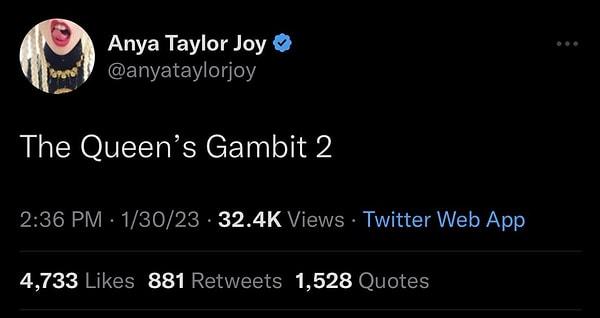 Taylor Joy, yaptığı paylaşımı kısa süre sonra kaldırdı.