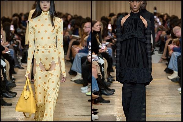 Burberry'nin dış giyimdeki tasarımlarını çok beğendik fakat sarı tonlarındaki elbise için aynı şeyi söyleyemeyeceğiz. Fazla cesur ve karışık bir tarzı olduğunu kabul etmekte fayda var. Siyah elbise tasarımı ise tartışmasız çok başarılı!