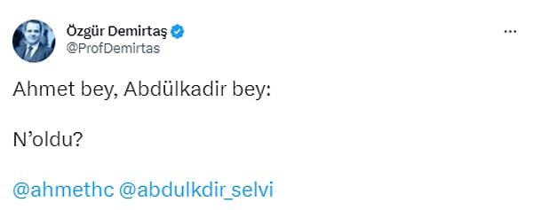 Kendisiyle ilgili yayını hatırlatan Demirtaş, Ahmet Hakan ve yayınında bulunan Abdulkadir Selvi'ye yönelik sorusu gündem oldu. Gerçi Özgür Demirtaş'ın cevap beklediği de görülmüyordu.