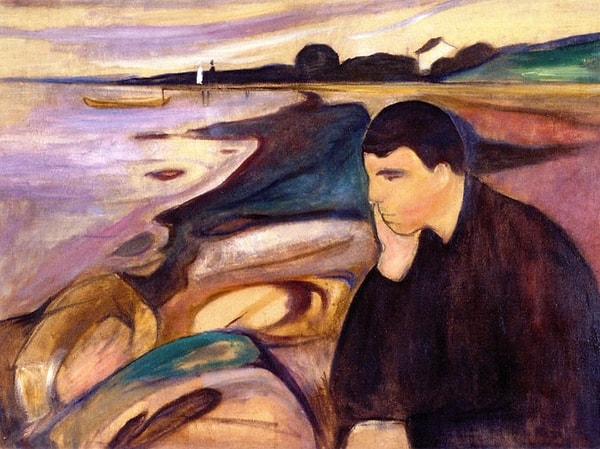 Munch, Paris'ten Kristiania'ya döndü ve 1891'de 'Melankoli'yi yarattı.   Gaugin ve Van Gogh'dan etkilendiği aşikar olsa da, aslında Munch bu iki ressamın tarzını birleştirmekten çok daha fazlasını yaptı. Tamamen yeni bir şey... Onun sanatının dünyası tamamen psikolojikti.