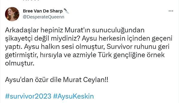 Bazıları ise durumu tam tersi şekilde yorumladı. Murat Ceylan'ın sunuculuğunu sevmeyen bir kesim, Aysu'nun bu tavrının "gerçek Survivor ruhu" olduğunu savundu.