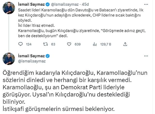 Halk TV yazarı İsmail Saymaz, Saadet Partisi Genel Başkanı Temel Karamollaoğlu'nun yaptığı görüşmelerde yaşananları sosyal medya hesabından paylaştı. İşte İsmail Saymaz'ın bahsettiği görüşmelerin detayları: