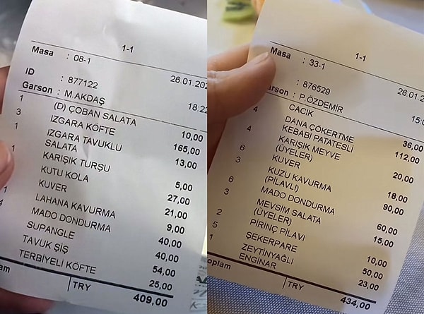 İşte o fiyatları ortaya çıkaran adisyonlardan ikisi:
