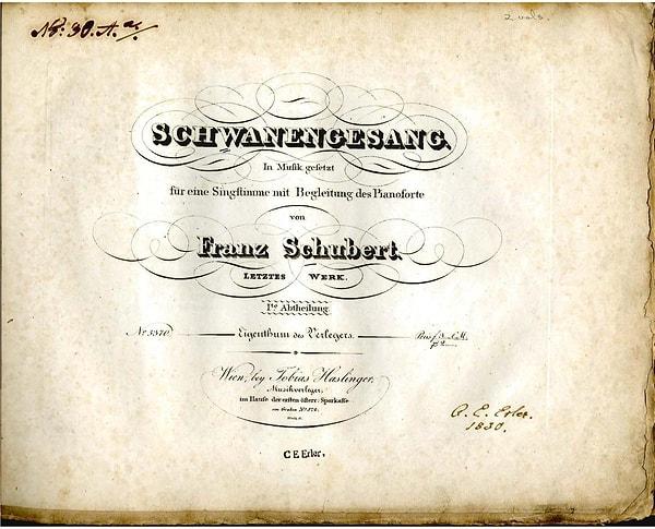 Ölümünden kısa bir süre önce yazılan ve ölümünden sonra Tobias Haslinger tarafından yayınlanan 14 şarkıdan oluşan koleksiyonunun adı Schwanengesang yani 'Kuğu Şarkısı' anlamına gelir.