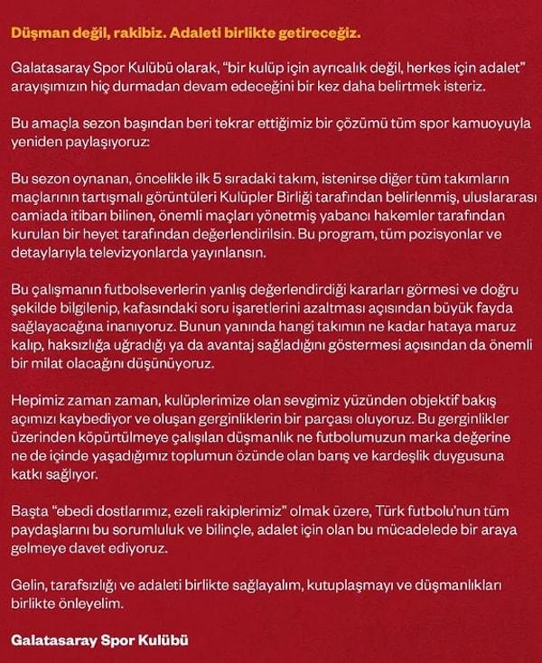 Galatasaray, yine sosyal medya hesabından 'Düşman değiliz, rakibiz' başlıklı bir metin yayınladı.