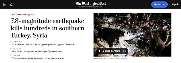 2. Washington Post - 'Türkiye'nin güneyinde ve Suriye'de gerçekleşen 7.8 büyüklüğündeki deprem yüzlerce kişiyi öldürdü'