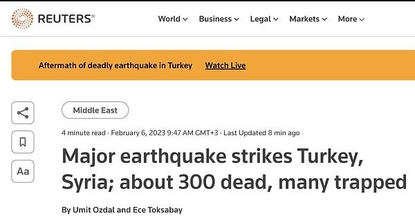 4. Reuters - 'Büyük deprem Türkiye ve Suriye'yi vurdu; yaklaşık 300 ölü var, çoğu enkaz altında'