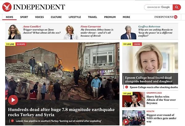 6. Independent - 'Türkiye ve Suriye'yi sarsan 7.8 büyüklüğündeki depremde yüzlerce kişi öldü'