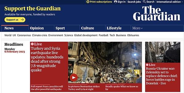 9. The Guardian - 'Türkiye ve Suriye depremi canlı blog: 7.8 büyüklüğündeki güçlü depremden sonra yüzlerce kişi öldü'