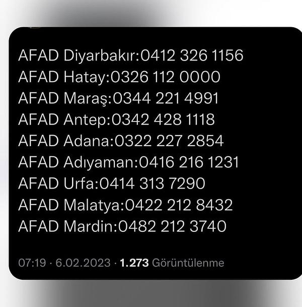 Acil yardım için ulaşabileceğiniz AFAD telefon numaraları:
