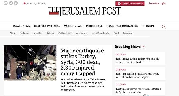 13. The Jerusalem Post - 'Büyük deprem Türkiye ve Suriye'yi vurdu; 300 ölü, 2 bin 300 yaralı, çoğu insan enkaz altında kaldı'