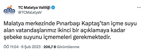 Ayrıca valilik, merkeze bağlı Pınarbaşı Kaptaş’tan içme suyu alanları ve şebekeden su içmek isteyenleri uyardı.