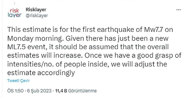 Aynı kuruluş Elbistan merkezli 7,5 şiddetindeki ikinci deprem sonrasında tahminlerini güncelledi.