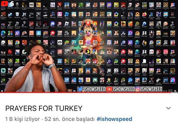 O çağrı sonrasında ise Türkiye'de de çok sevilen isimlerden Ishowspeed bir yayın açarak Türkiye ve Suriye için bağış kampanyası düzenlemişti.