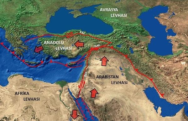 Türkiye'nin büyük bir kısmı, yavaşça çarpışan iki dev arasında sıkışmış küçük bir tektonik levha üzerinde oturmaktadır: kuzeyde geniş Avrasya Levhası ve güneyde Arap Levhası.