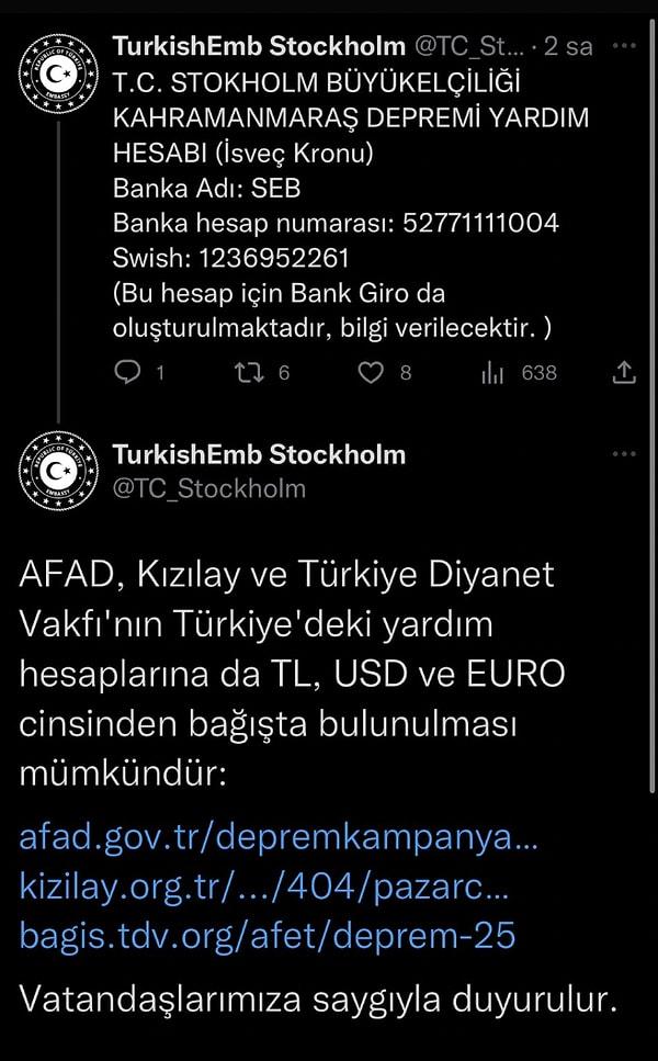 Türkiye Stokholm Büyükelçiliği'nin paylaşımı ve toplama merkezleri için yayınladığı metin