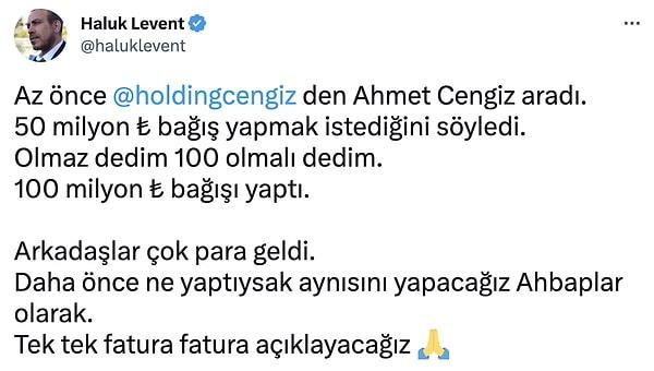 Haluk Levent Twitter hesabında Cengiz Holding'in yaptığı bağışı duyurdu.