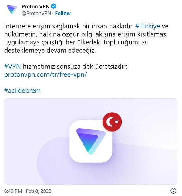 O VPN servislerinden biri olan Proton VPN Türkiye'deki kullanıcıların çağrıları üzerine tüm hizmetlerini ülkemiz için bedava kullanıma sunduklarını açıkladı.