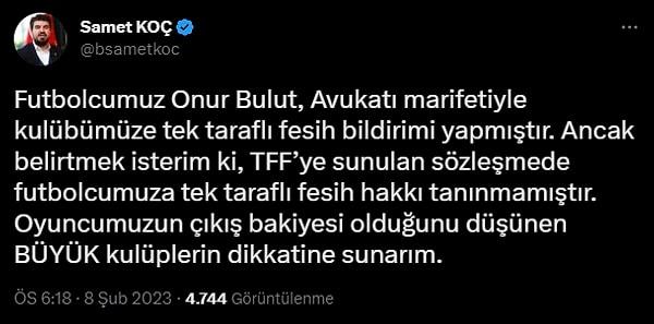 Kayserispor Basın Sözcüsü Samet Koç'un tweeti ⬇️