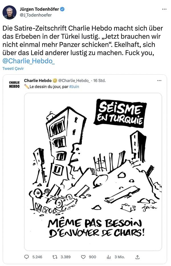 Alman siyasetçi, Charlie Hebdo'nun Türkiye'deki depremlerle alay eden karikatürüne tepki göstererek Twitter üzerinden bir paylaşım yaptı.