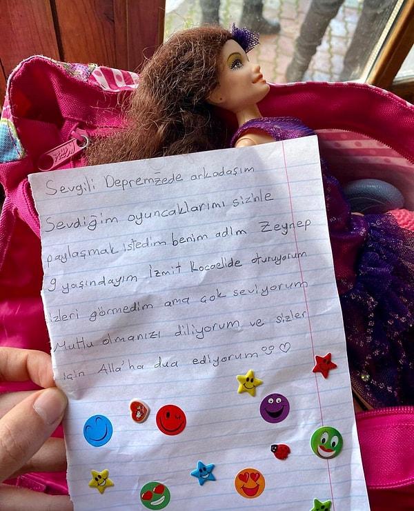 9 yaşındaki Zeynep, İzmit'ten oyuncaklarını gönderdi.