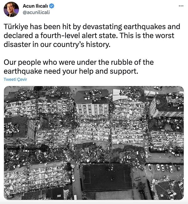 "Türkiye yıkıcı bir depremlerle sarsıldı ve dördüncü seviye alarm durumu ilan etti. Bu, ülkemizin tarihindeki en büyük felakettir. Depremin enkazı altında kalan insanlarımızın sizlerin yardım ve desteğine ihtiyacı var."