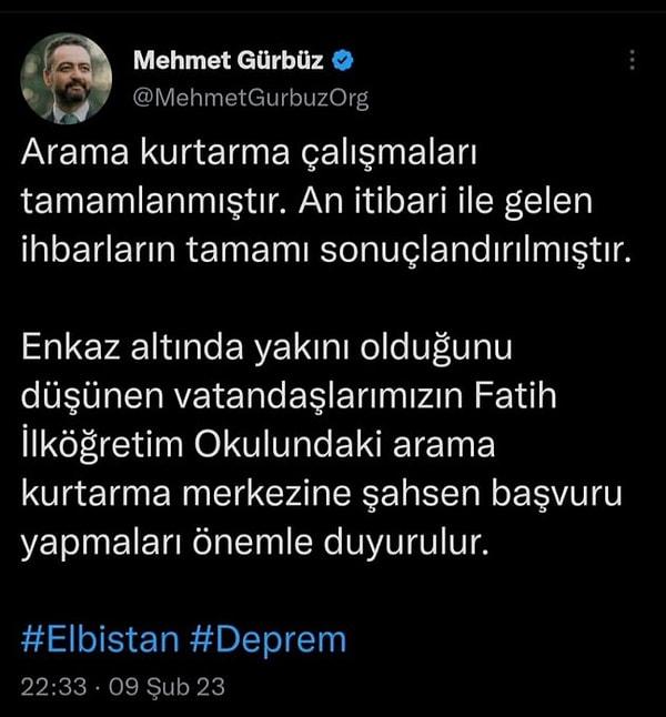 Elbistan Belediye Başkanı Mehmet Gürbüz, tepkiler sonrasında tweetini silmekte gecikmedi.