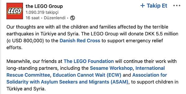 48. LEGO Group, Türkiye ve Suriye’de depremden etkilenen çocuklar için 800 bin dolar bağışta bulundu.