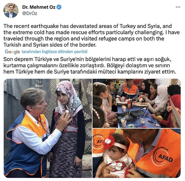 Mehmet Öz, depremden bir süre sonra yaptığı paylaşımla deprem bölgesini gittiğini hem Türkiye'de hem de Suriye'de mülteci kamplarını dolaştığını söylemişti ve alandan çekilen fotoğrafları paylaşmıştı.