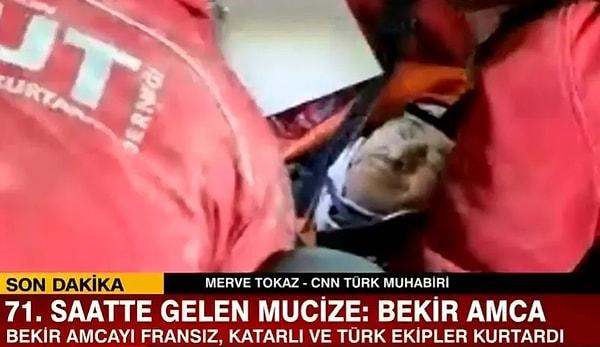 Gaziantep'te bir enkazdan çıkarılan Eski Ziraat Odası Başkanı Bekir Yıldırım, Fransız, Katarlı ve Türk kurtarma ekipleri tarafından 71. saatte kurtarıldı. 75 yaşındaki Yıldırım'ın ilk sorusu da 'Nerelisin?' idi.