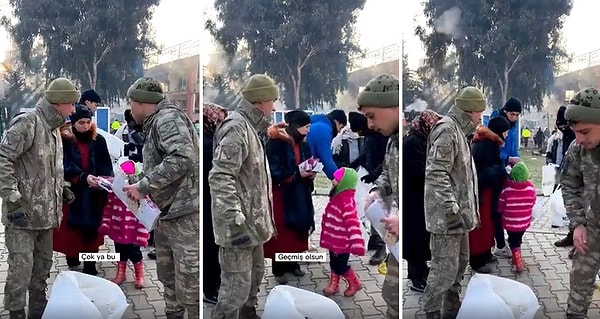 O görüntülerde bir anne, Mehmetçik'in verdiği yardıma 'Bu çok' diyerek ihtiyacı kadar alıyor.