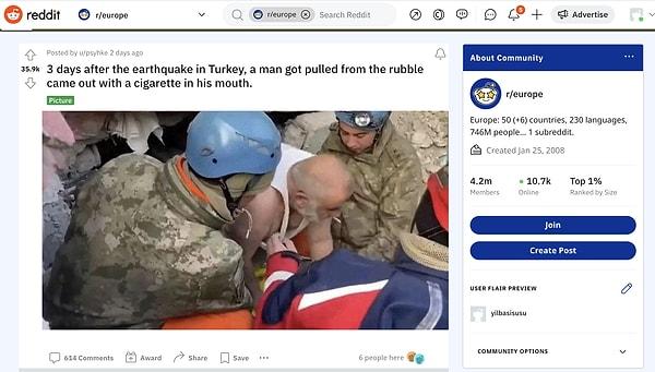 Reddit - 'Türkiye'de depremden 3 gün sonra enkazdan çıkartılan bir adam ağzında sigarayla çıktı'