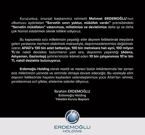 68. Erdemoğlu Holding, deprem bölgesine battaniye, halı ve 100 milyon TL bağış yaptı.