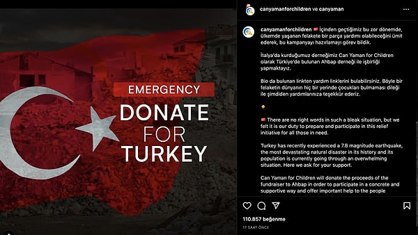 Can Yaman kişisel Instagram hesabından İtalyanca, İngilizce ve Türkçe bağış çağrısında da bulundu. Ancak bu paylaşıma tepki gösterenlere Can Yaman beklenmedik şekilde karşılık verdi.