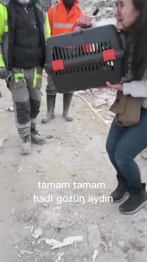 Düzce’den bölgeye giden Bipativer Derneği Başkanı Dursun Altıntaş, sahibinin ihbarıyla artçı sarsıntılar yaşanırken binaya girdi, yıkılan merdivenler arasından 7. kata kadar çıkarak mahsur kalan kediyi buldu ve sakinleştirdi.