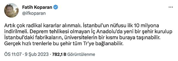 Gezgin Fatih Koparan, her Türk vatandaşı gibi İstanbul depremi için alınması gereken önlemlerle ilgili bazı tweetler attı.