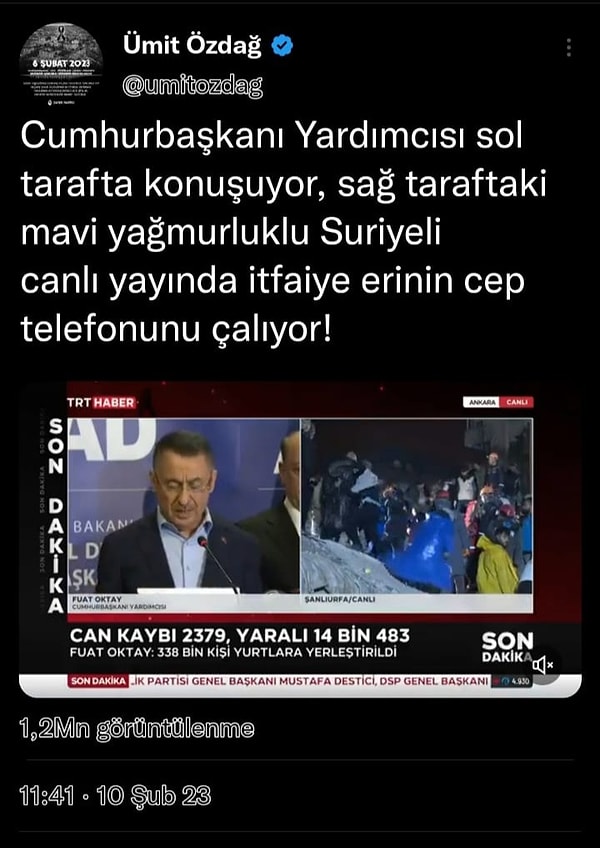 Zafer Partisi Genel Başkanı Ümit Özdağ,  sosyal medya hesabından bir video yayımlayarak  "Suriyeli canlı yayında itfaiye erinin telefonunu çalıyor" demişti.