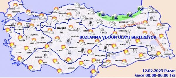 Yarın bazı bölgelerimizde "buzlanma ve don olayları" bekleniyor. Hava sıcaklığının deprem afet bölgesinde yer alan Diyarbakır'da zaman zaman - 9'a düşmesi beklenirken, Malatya'da en düşük sıcaklığın -12 olması tahmin ediliyor.