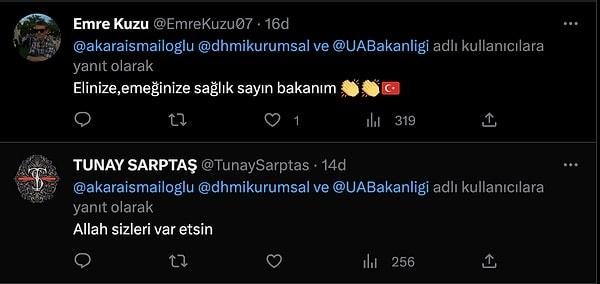 Bazı sosyal medya kullanıcıları ise teşekkür yorumlarına Ulaştırma Bakanı Karaismailoğlu'nu etiketledi.