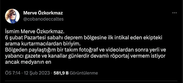 Merve Özkorkmaz da sahaya gidip kurtarma çalışmalarına katılan ekipteki insanlardan. Başından sonuna kadar tüm problemleri o kadar iyi anlatmış ki, biz çekilelim o anlatsın...