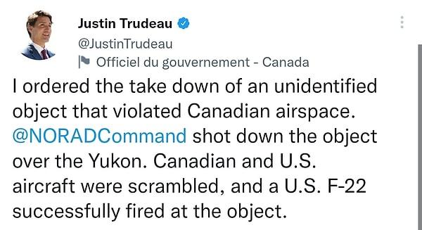 Kanada Başbakanı Justin Trudeau, Kanada'da düşürülen nesne hakkında Twitter üzerinden açıklama yaptı.