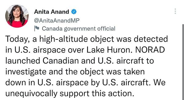 Kanada Savuma Bakanı Anita Anada'nın Twitter üzerinden yaptığı açıklamalar ise şu şekildeydi;