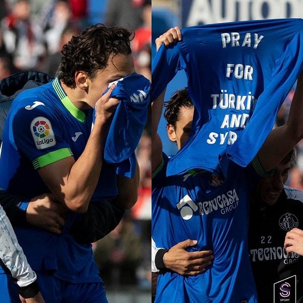 Getafe’de forma giyen mili oyuncu Enes Ünal, Rayo Vallecano'ya attığı golün ardından depremzedeleri unutmadı ve Türkiye ve Suriye için dua edin yazılı tişörtü tribünlere gösterdi.