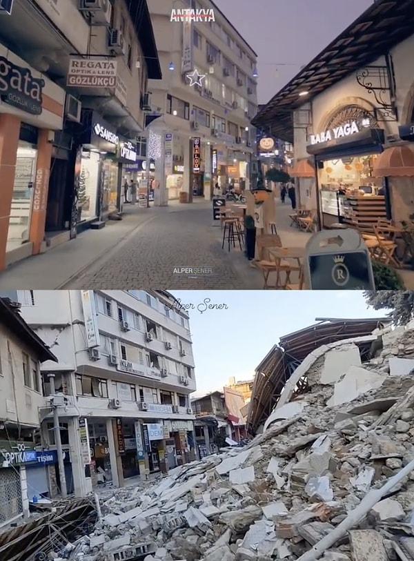 Hatay'ın Antakya ilçesi Kahramanmaraş'ta meydana gelen depremler yüzünden adeta enkaz yığınına dönüştü. Antakya'nın depremden önceki ve sonraki hali içimizi paramparça etti.