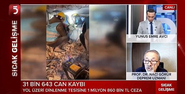 TV5'te konuşan Naci Görür, "İstanbul'da 7'nin üzerinde deprem olma olasılığı yüzde 80'lere çıktı. İstanbul depremi de Maraş depremi gibi eli kulağında. İstanbul'da deprem olduğunda, Maraş yöresindeki depremden daha fazla hasar alırız" dedi.
